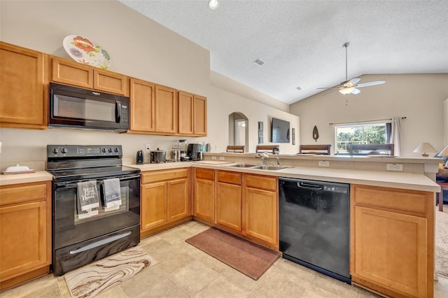 4078 Waltham Forest Dr, Tavares, FL 32778 - kitchen with sink, vaulted ceiling, black appliances, and kitchen peninsula