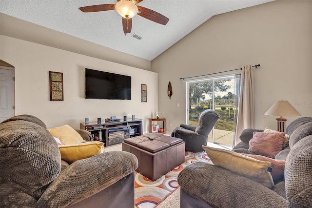 4078 Waltham Forest Dr, Tavares, FL 32778 - living room featuring ceiling fan and vaulted ceiling