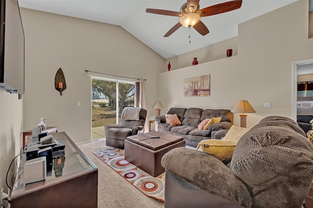 4078 Waltham Forest Dr, Tavares, FL 32778 - living room with ceiling fan, vaulted ceiling, and carpet