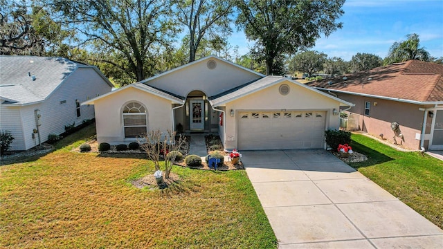 ranch-style house featuring a garage and a front yard