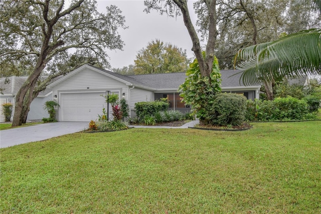 view of front facade with concrete driveway, a garage, a front yard, and a shingled roof