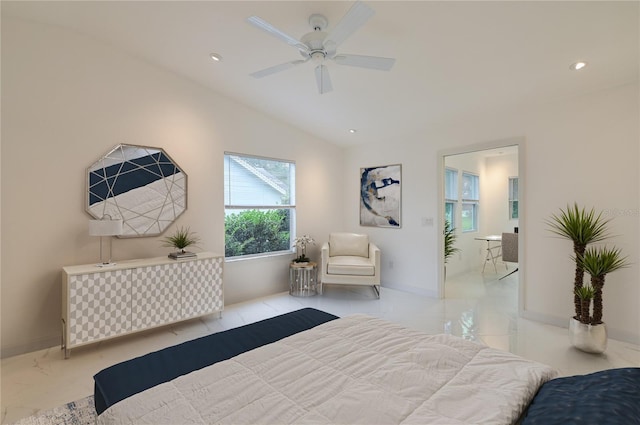 bedroom with recessed lighting, baseboards, marble finish floor, and vaulted ceiling