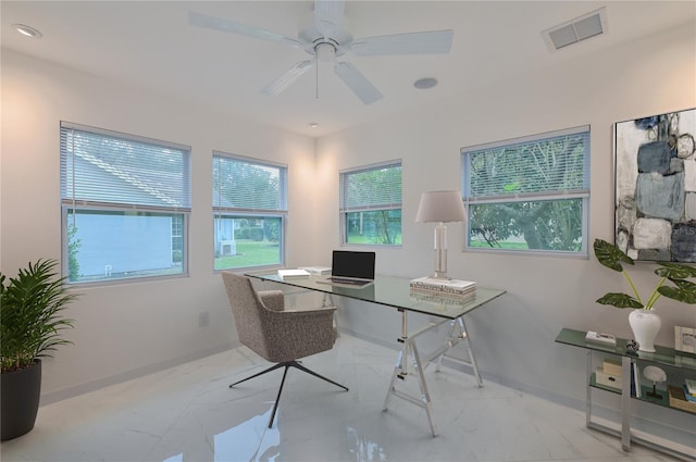 office area with visible vents, baseboards, recessed lighting, marble finish floor, and a ceiling fan
