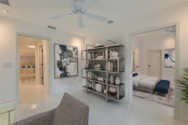 hall featuring recessed lighting, visible vents, marble finish floor, and baseboards