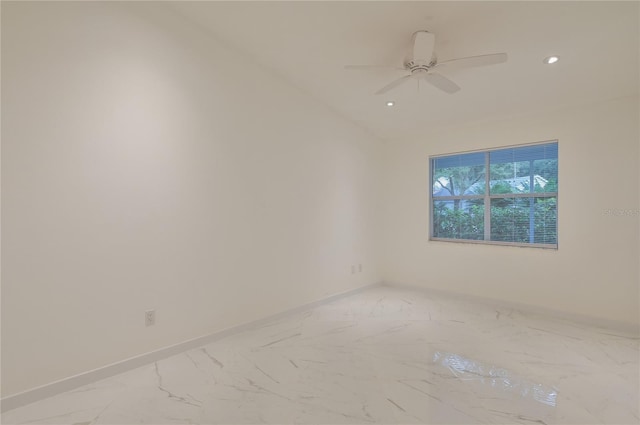 unfurnished room featuring recessed lighting, baseboards, marble finish floor, and a ceiling fan