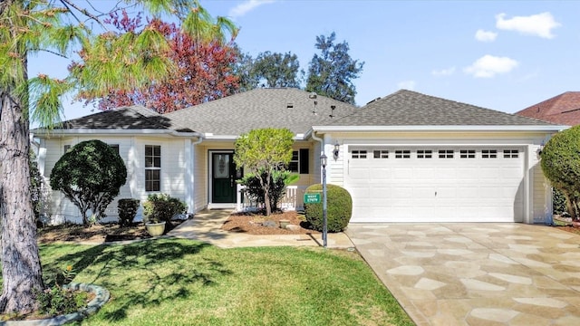 ranch-style house featuring a garage and a front yard