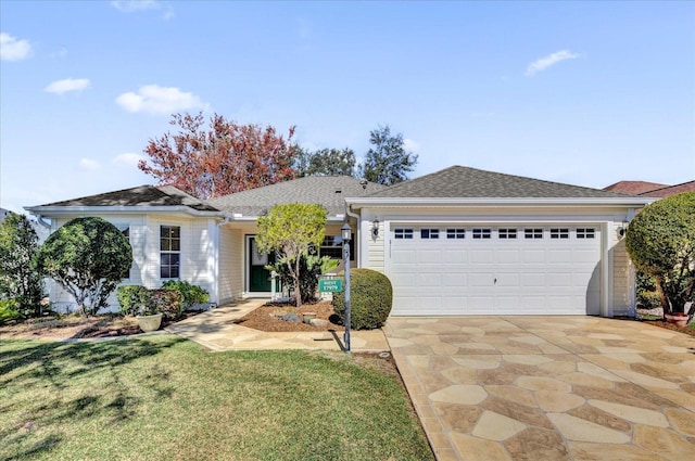 ranch-style house with a garage and a front yard