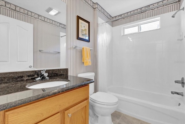 full bathroom with shower / bathtub combination with curtain, vanity, and toilet