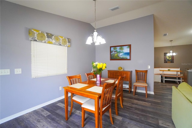 dining room with dark wood-type flooring and a chandelier