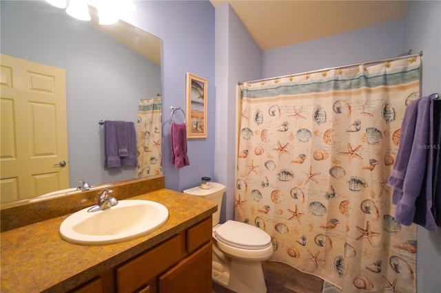 bathroom with vanity, toilet, and curtained shower