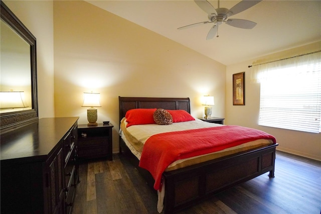 bedroom with vaulted ceiling, dark hardwood / wood-style floors, and ceiling fan