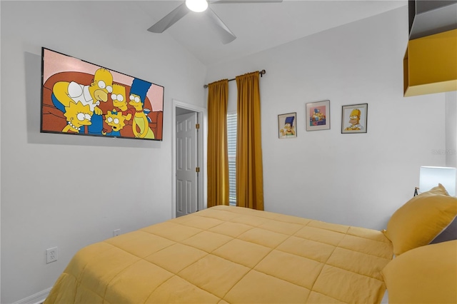 bedroom featuring lofted ceiling and ceiling fan