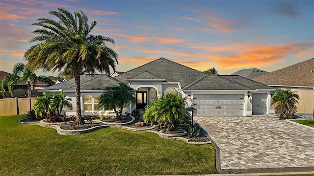 view of front facade with fence, a front yard, stucco siding, decorative driveway, and an attached garage