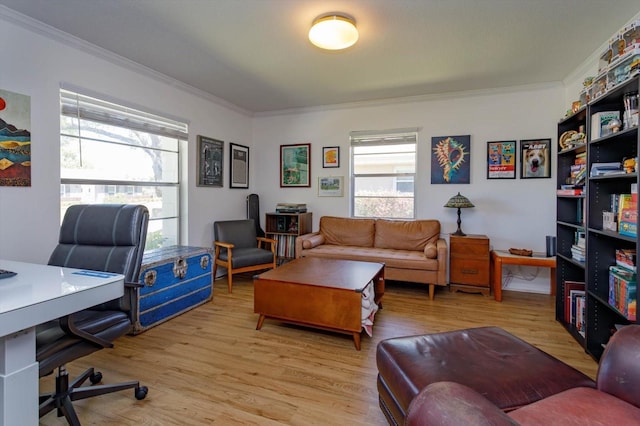 home office with light wood-style flooring and crown molding