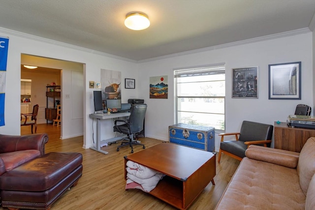 office featuring light wood finished floors, baseboards, and ornamental molding