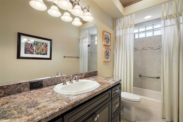 bathroom featuring shower / tub combo, tile patterned flooring, vanity, and toilet