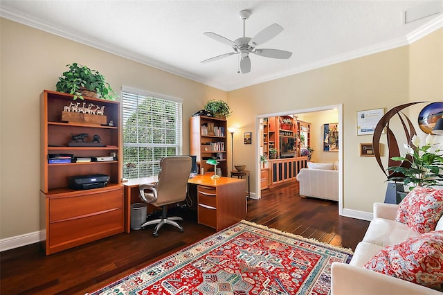 office area with ornamental molding, dark wood-type flooring, ceiling fan, and baseboards