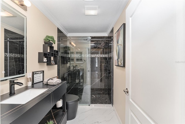 bathroom with crown molding, a shower with shower door, vanity, and toilet