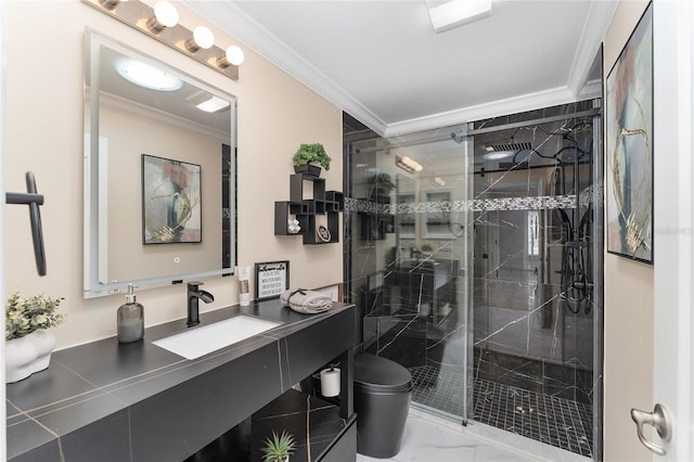 bathroom featuring a shower with door, crown molding, vanity, and toilet