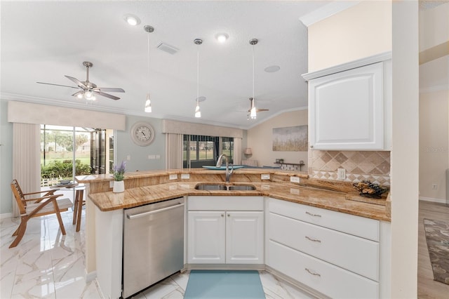 kitchen featuring dishwasher, sink, white cabinets, crown molding, and light stone countertops