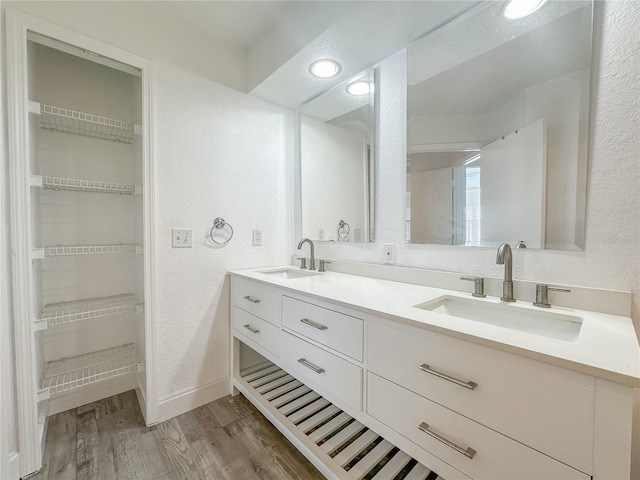 bathroom with vanity and wood-type flooring