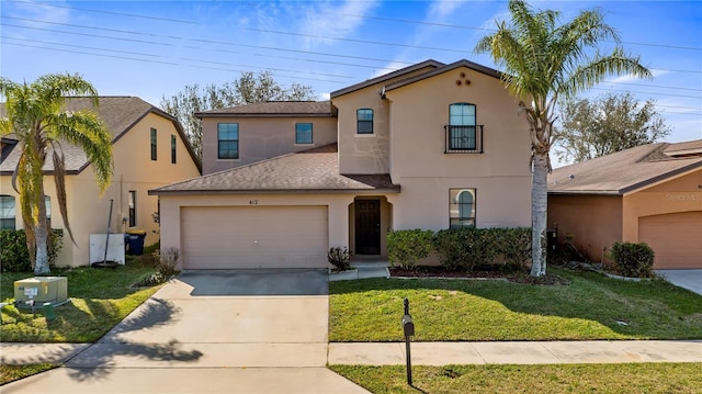 mediterranean / spanish house featuring a garage and a front lawn