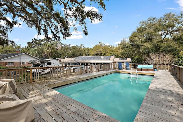 view of swimming pool with a deck and a fenced in pool