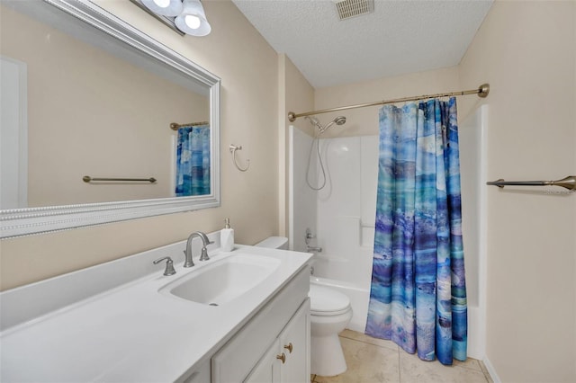 full bath featuring visible vents, toilet, vanity, a textured ceiling, and shower / bath combination with curtain