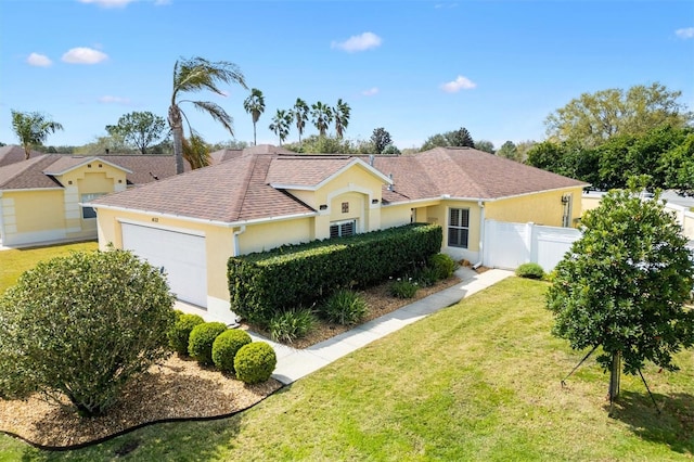 view of front of house featuring an attached garage, fence, roof with shingles, stucco siding, and a front yard