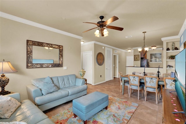 tiled living room featuring ornamental molding and ceiling fan with notable chandelier