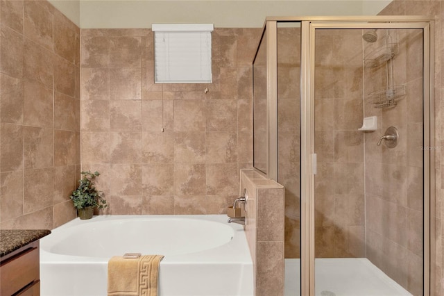 bathroom with vanity and separate shower and tub