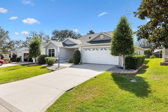 view of front of property with a garage and a front lawn