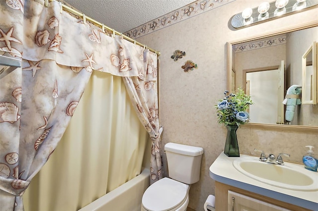 full bathroom featuring a textured ceiling, toilet, vanity, and shower / bathtub combination with curtain
