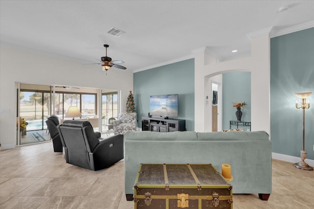 living room with crown molding and ceiling fan