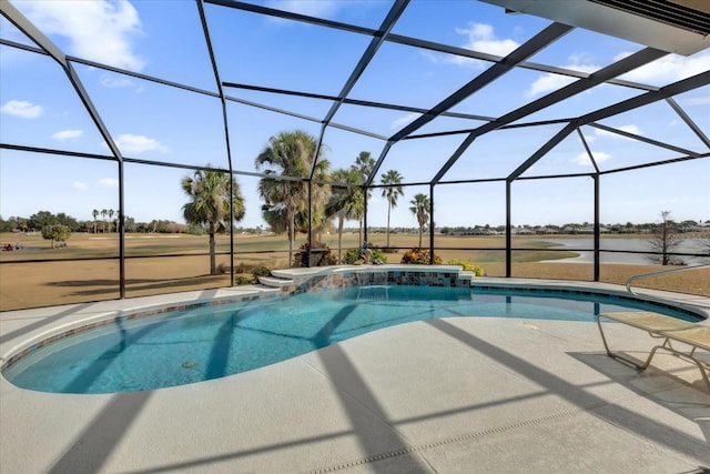 view of pool featuring a water view, a patio, and a lanai