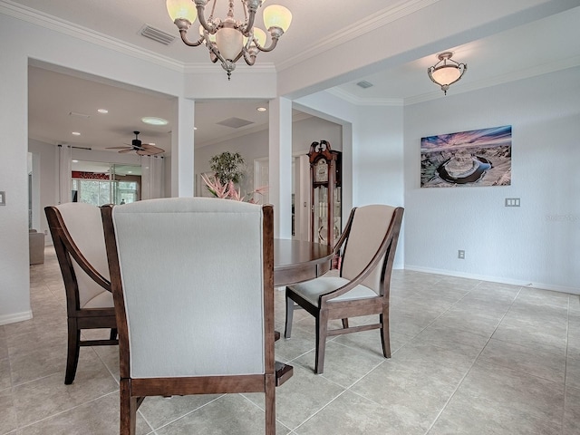 dining space featuring crown molding, ceiling fan with notable chandelier, and light tile patterned floors