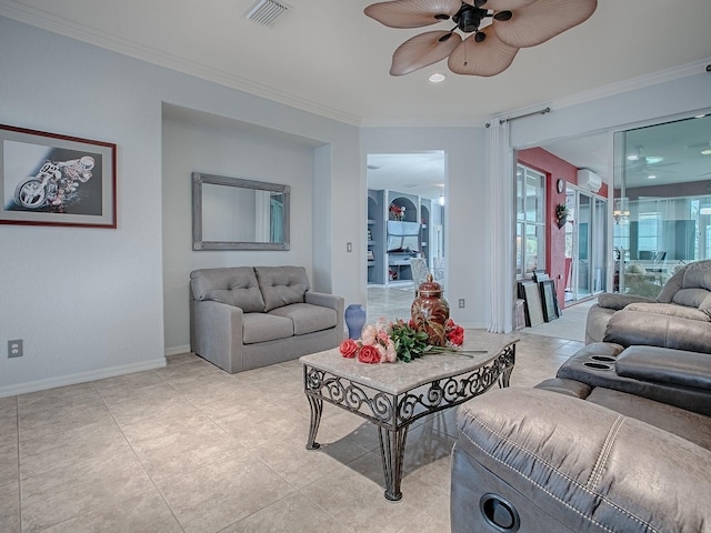 living room with crown molding and ceiling fan