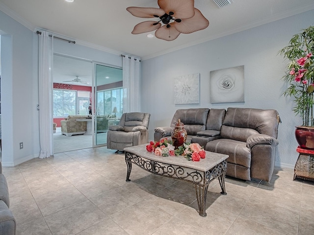 tiled living room with crown molding and ceiling fan