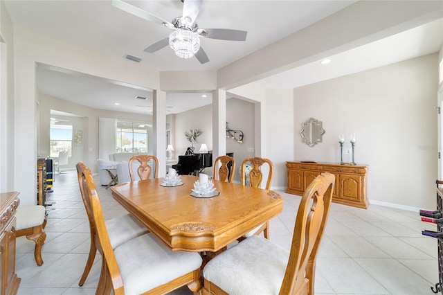 dining space with recessed lighting, baseboards, visible vents, and light tile patterned flooring