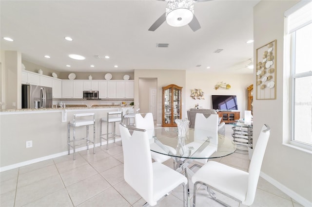 dining space featuring recessed lighting, ceiling fan, visible vents, and light tile patterned flooring