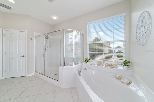 full bath with a garden tub, a shower stall, visible vents, and tile patterned floors