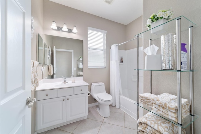 full bathroom with tile patterned flooring, toilet, visible vents, vanity, and shower / bath combination with curtain