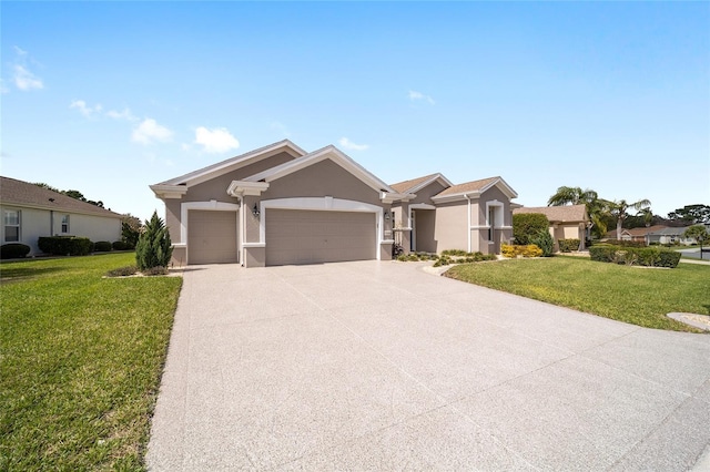 ranch-style home featuring an attached garage, stucco siding, concrete driveway, and a front yard