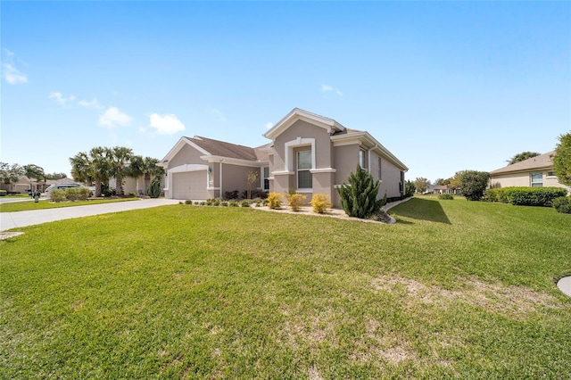 view of front of house with a garage, a front lawn, concrete driveway, and stucco siding