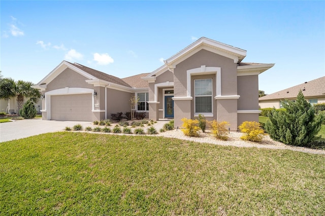 view of front facade featuring a garage, a front lawn, concrete driveway, and stucco siding