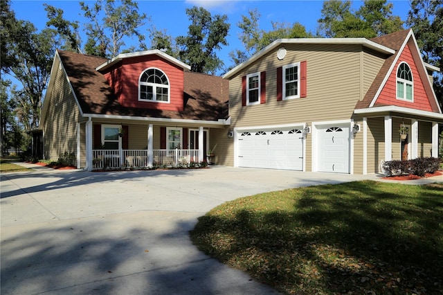 view of front of home featuring covered porch, a front yard, and a garage