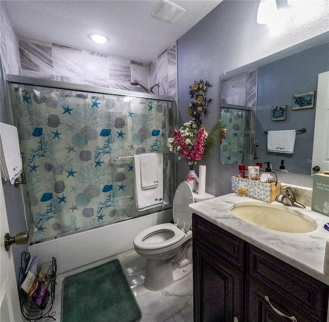 full bathroom featuring a textured ceiling, toilet, vanity, and combined bath / shower with glass door