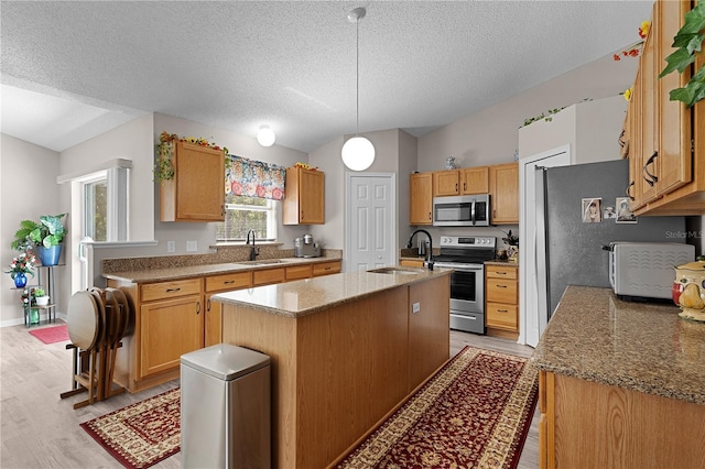 kitchen with a sink, lofted ceiling, a center island with sink, and stainless steel appliances