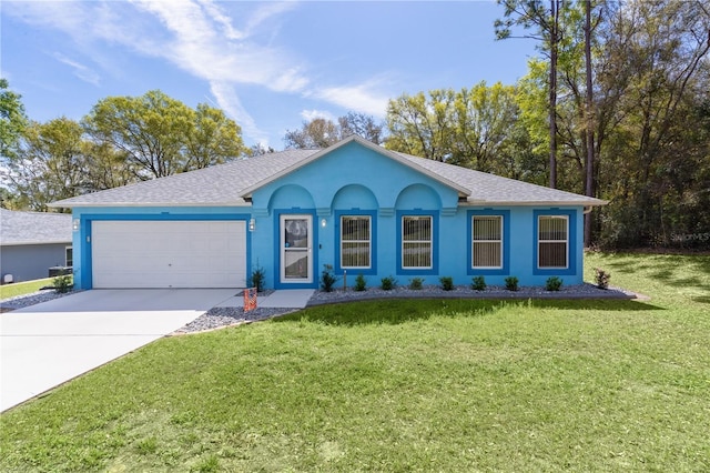 ranch-style house featuring an attached garage, a front lawn, roof with shingles, stucco siding, and driveway