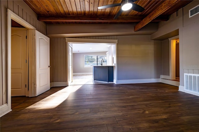 empty room with dark wood-type flooring, wooden ceiling, sink, and beamed ceiling